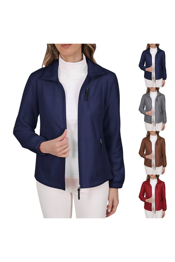 Womens Fleece Petite Jackets Fitted Long Sleeve Full Zip Jacket with Pockets Causal Solid Color Outerwear Ladies Fall Winter Warm Coats Navy M