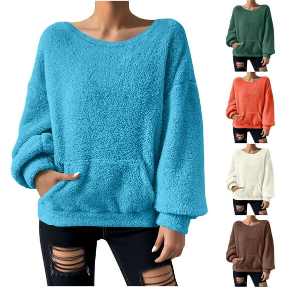 Nfurl Womens Fleece Pullover Solid Color Sweatshirts Long Sleeve Plus Size Tops Loose Fit Crewneck Sweatshirt with Pockets Sky Blue M