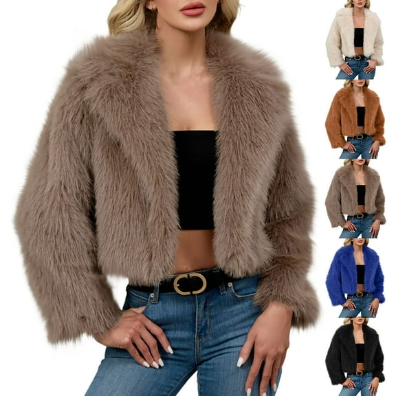 Nfurl Womens Fluffy Faux Fur Short Jackets Soft Long Sleeve Open Front Lapel Cropped Coats Causal Fall Winter Ladies Outerwear Khaki M
