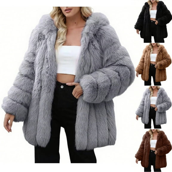 Nfurl Womens Fluffy Fleece Coats Oversized Faux Fur Long Sleeve Jackets with Hood Soft Shaggy Fall Winter Ladies Outerwear Coats Gray XXXL