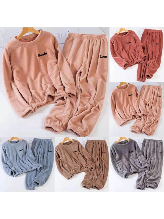 Womens Fluffy Fleece Pajamas Sets Long Sleeve Sleepwear with Pants Petite Flannel Lounge Sets Warm Winter 2 Piece Pjs for Ladies Coffee Free Size