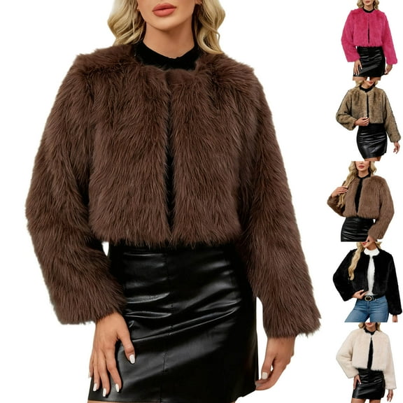 Nfurl Womens Fluffy Short Jackets Soft Faux Fur Long Sleeve Open Front Cropped Jackets Casual Fall Winter Ladies Outerwear Coats Beige L