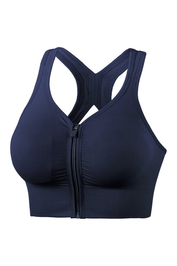 Womens Front Closure Sports Bras no Wire Zip Front Racerback Sport Bra for Women High Impact Gym Workout Crop Top Supportive Yoga Bras Navy M
