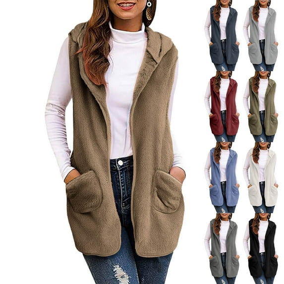 Nfurl Womens Fuzzy Fleece Vests for Fall Lightweight Sleeveless Solid Color Long Vest with Pockets Soft Open Front Veats Jackets White L
