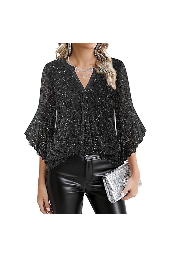 Womens Glitter Sequin Tops Elegant Ruffle Flare 3/4 Sleeve Sparkly Blouses Mesh Layered Flowy Shirt Dressy Evening Club Concert Shirts Black XXL