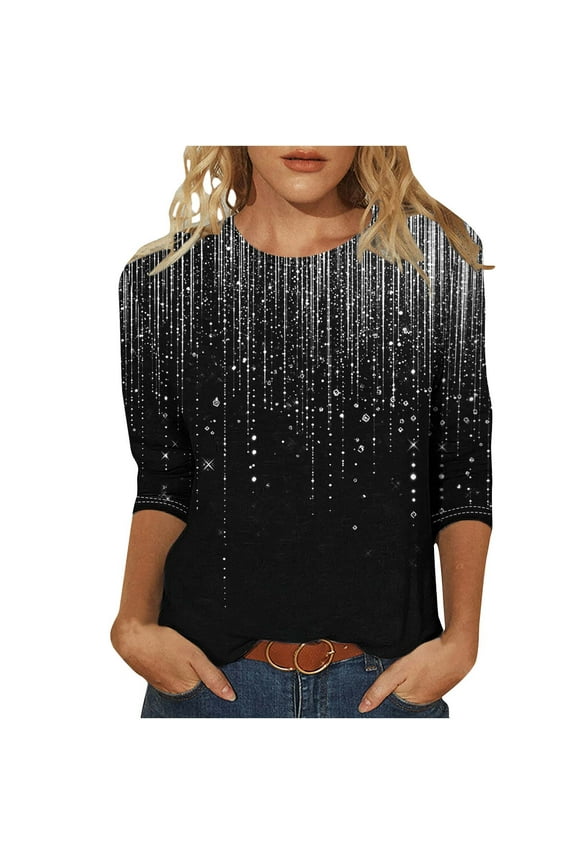 Womens Going Out Sequin Tops Trendy 3/4 Sleeve Crewneck Sparkly Blouse Party Club Wear Ladies Holiday Clothes Black XXXL
