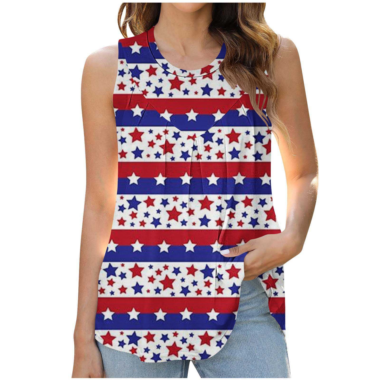 Nfurl Womens Going Out Tank Tops American Flag Crewneck Shirts Casual