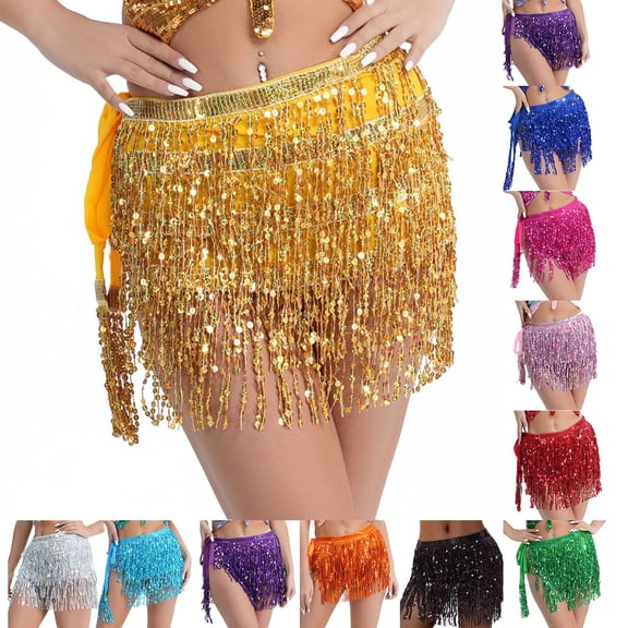 Nfurl Womens Gold Sequin Tassel Skirts Shiny Belly Dance Hip Scarf Waist Mini Skirt Trendy Metallic Dance Rave Party Sparkly Skirts Gold Free Size