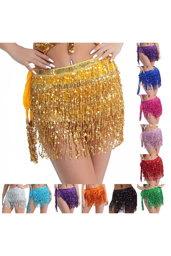 Womens Gold Sequin Tassel Skirts Shiny Belly Dance Hip Scarf Waist Mini Skirt Trendy Metallic Dance Rave Party Sparkly Skirts Gold Free Size