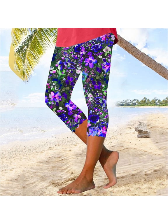 Womens Hawaii Floral Print Capri Leggings Boho Summer Beach Leggings Slim Fits Cropped Pants Stretch Buttery Soft Capris High Waisted Workout Tights