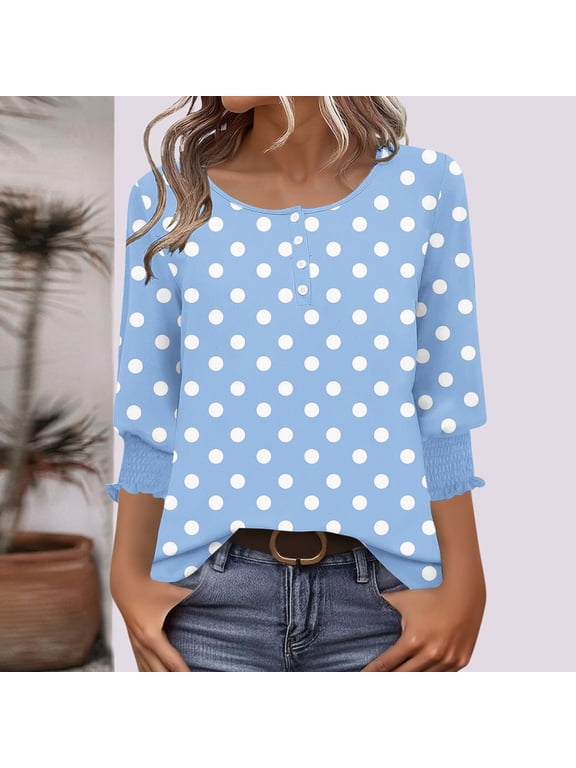 Womens Henley Tops Elegant Polka Dot Printed Button Down Shirts 3/4 Sleeve Shirts for Women Business Casual Summer Tops Light Blue S