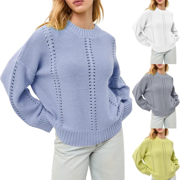 Nfurl Womens Hollow Out Sweaters Loose Fit Drop Shoulder Long Sleeve Sweater Crew Neck Pullover Knitwear Ladies Fall Clothes Gray XL