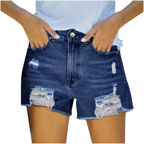 Nfurl Womens Jeam Shorts Trendy Ripped Distressed Mid Rise Denim Shorts with Pockets Casual Fitted Summer Going Out Shorts Dark Blue L