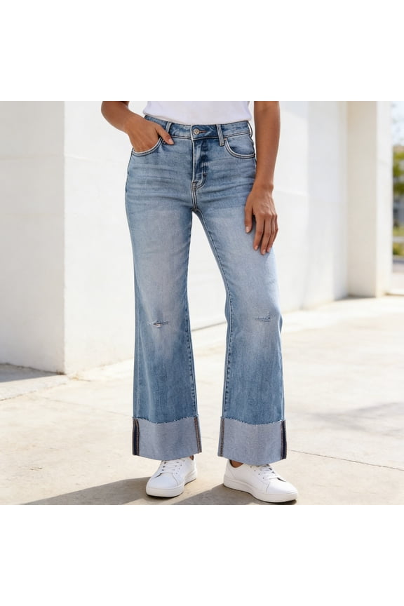 Womens Jeans Trendy Roll up Bottom Ripped Denim Jeans Mid Rise Straight Leg Denim Pants with Pockets Blue,XXL