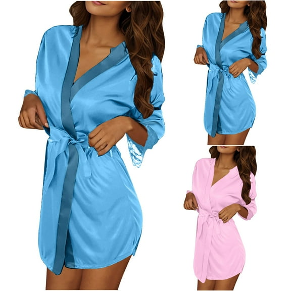 Nfurl Womens Kimono Style Short Robes Lightweight Lace Trim Elbow Sleeve Plain Bathrobes Soft Sleepwear Pajama Party Wear Gifts for Friend Pink Free Size