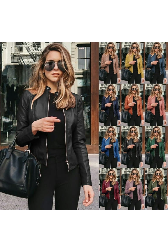 Womens Leather Bomber Jackets Retro Zip Up Crop Coats Slim Fit Solid Color Motorcycle Jacket Fall Winter Fashion Army Green S