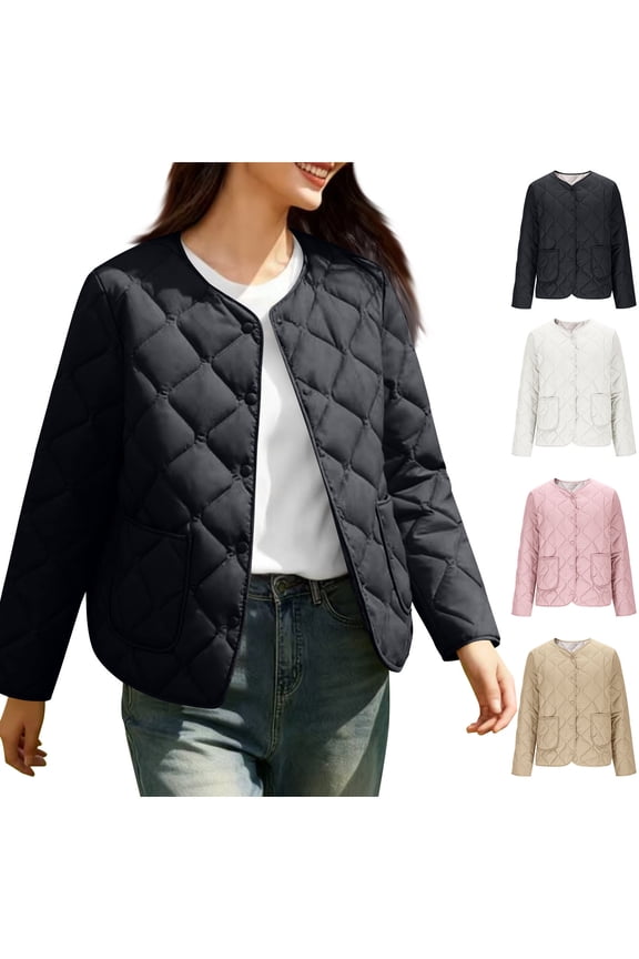 Womens Lightweight Quilted Puffer Jackets Fall Winter Long Sleeve Snap Front Padded Coats Warm Petite Short Jacket Ladies Winter Coat Black XXL