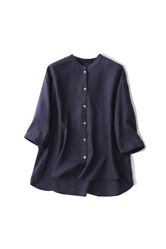 Womens Linen Button Down Shirts Spring 3/4 Sleeve Tops Casual Plain Shirts Loose Fit Summer Tops Lightweight Ladies Going Out Clothes Navy XXL
