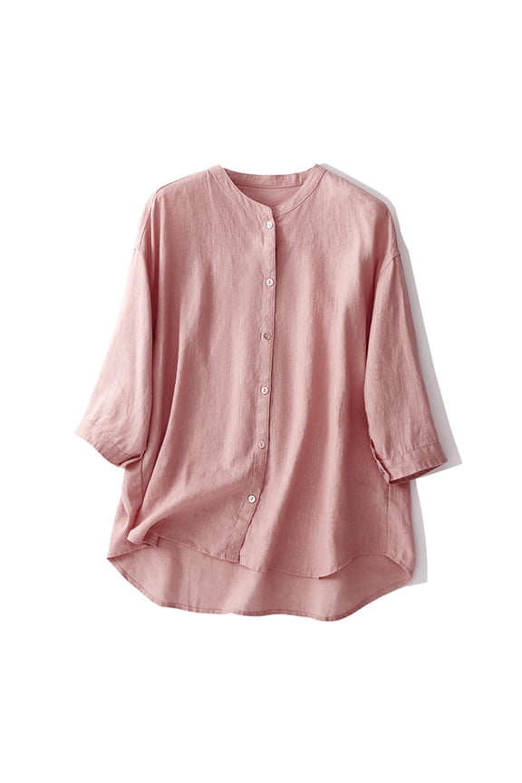 Womens Linen Button Down Shirts Spring 3/4 Sleeve Tops Casual Plain Shirts Loose Fit Summer Tops Lightweight Ladies Going Out Clothes Pink XL