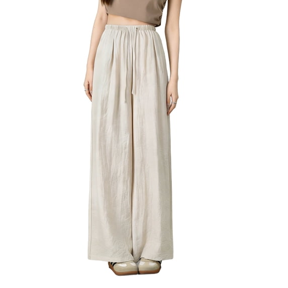 Nfurl Womens Linen Pants with Pockets Casual Wide Leg Pants for Women Loose Solid Color Beach Elastic Waist Drawstring Palazzo Pant Beige M