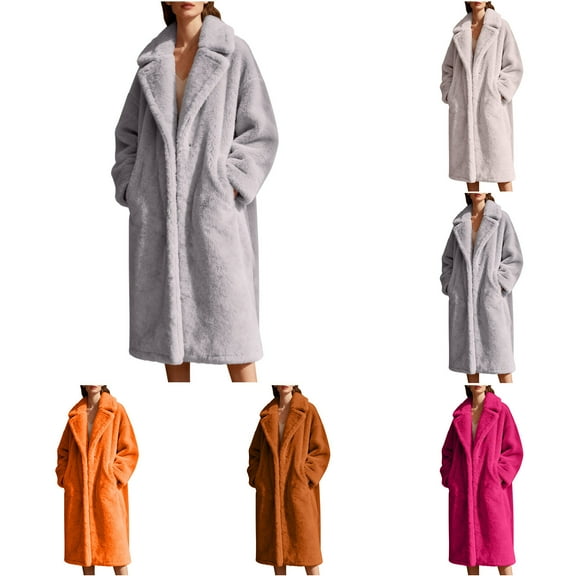 Nfurl Womens Long Faux Fur Coat Trendy Open Front Notch Lapel Fuzzy Jacket Coats Winter Fleece Jacket Heavy Dressy Overcoats Gray XXXL