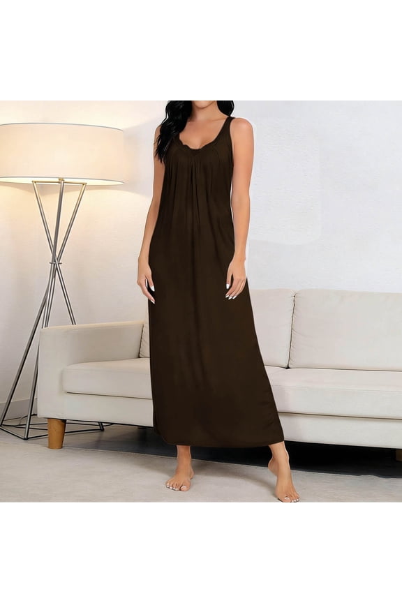 Womens Long Nightgowns Summer Solid Color Sleeveless Nightgown for Women Loose Sleepwear Comfy Soft Modal Night Gown for Sleeping Coffee,L
