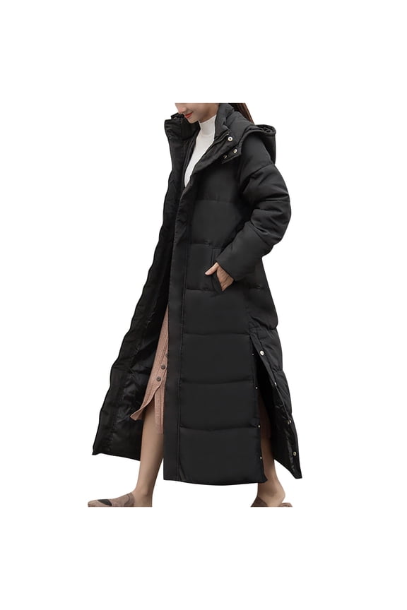 Womens Long Puffer Jackets Winter Warm Hooded Maxi Length Long Sleeve Down Jacket with Pockets Thermal Outerwear Coats Black M