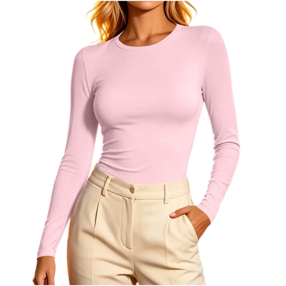 Nfurl Womens Long Sleeve Layering Shirts Slim Fit Solid Color Crewneck Undershirts Basic Tees Casual Going Out Tops Fall Shirts Pink,XL