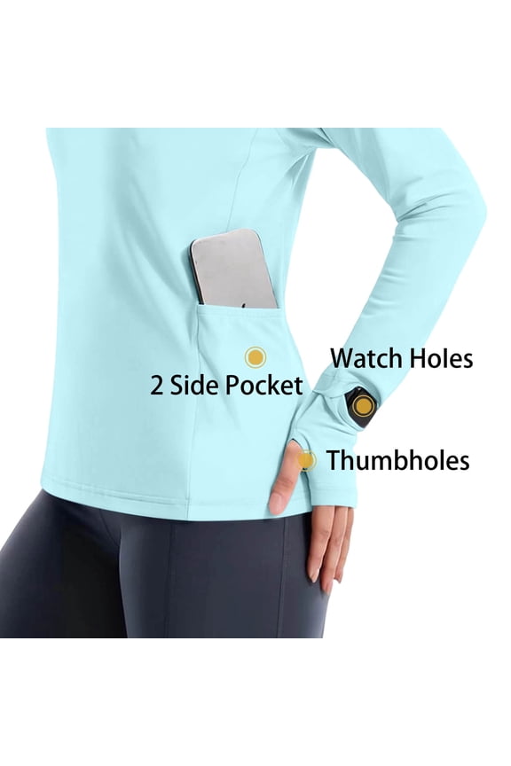 Womens Long Sleeve Sun Shirts with Thumb Hole UPF 50+ Rash Guard with Hood Workout Biking Hiking Athletic Spf Shirts with Pockets Light Blue,L