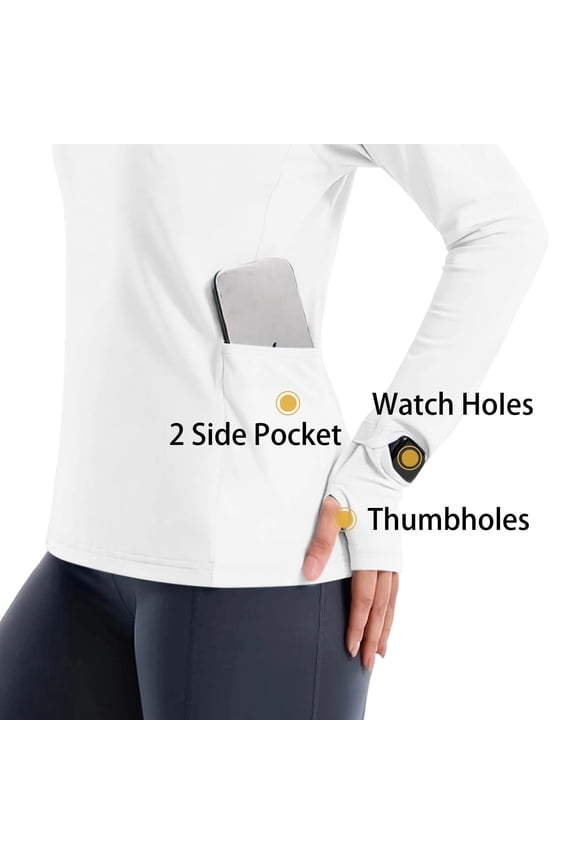 Womens Long Sleeve Sun Shirts with Thumb Hole UPF 50+ Rash Guard with Hood Workout Biking Hiking Athletic Spf Shirts with Pockets White,XL
