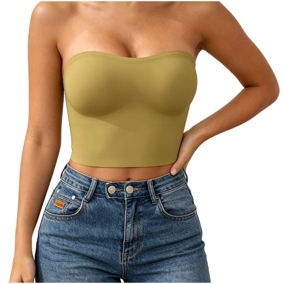 Nfurl Womens Longline Strapless Bra Non-Slip Full Coverage Wireless Tube Tops Bra Seamless Pads Push Up Bandeau Bras Longline Bralette Green,S