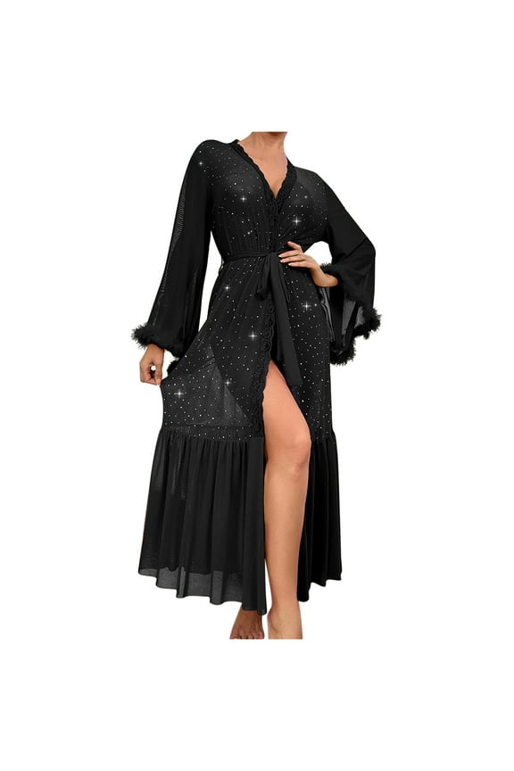 Womens Maxi Lenght Mesh Robes Elegant Ruffle Hem V Neck Flare Sleeve Party Robe Comfy Sparkly Glitter Housecoats Ladies Nightgowns Black L