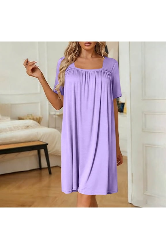 Womens Night Gowns Sleepwear Loungewear Comfy Square Neck Modal Nightgown Short Sleeve Pleated Sleep Dresses Ladies Nightgowns Purple,L