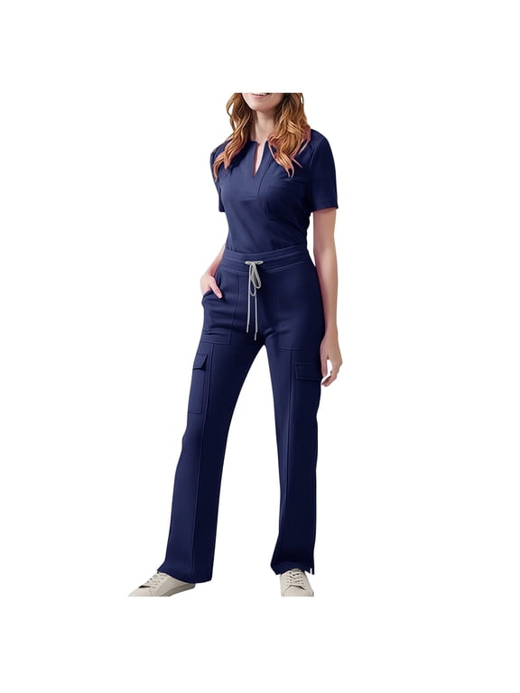Womens Nurse Scrubs Sets with Mulith Pockets Short Sleeve V Neck Scrub Tops with Drawstring Elastic Waist Pants Nursing Uniform Set 2 Piece Navy L