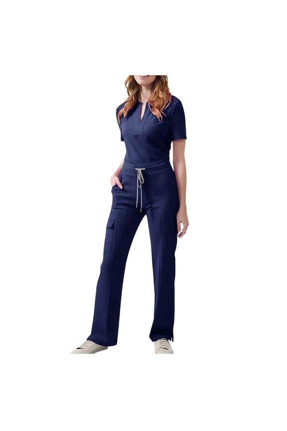 Womens Nurse Scrubs Sets with Mulith Pockets Short Sleeve V Neck Scrub Tops with Drawstring Elastic Waist Pants Nursing Uniform Set 2 Piece Navy XL
