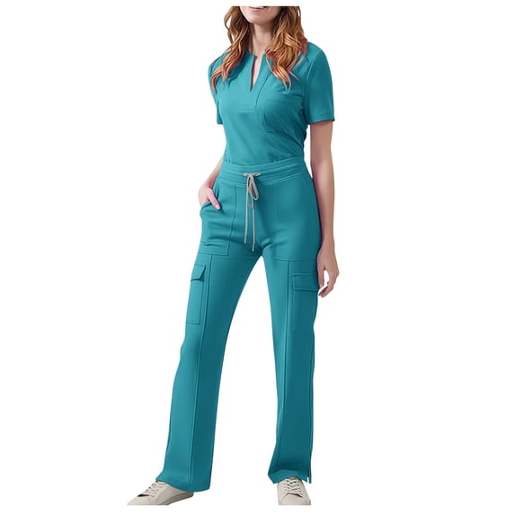 Nfurl Womens Nurse Scrubs Sets with Mulith Pockets Short Sleeve V Neck Scrub Tops with Drawstring Elastic Waist Pants Nursing Uniform Set 2 Piece Sky Blue L