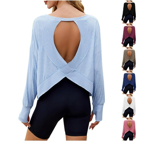 Nfurl Womens Open Back Shirts Loose Fit Long Sleeve Workout Tops Trendy Thumb Hole Tshirts Casual Solid Color Pullover Top Navy XXL