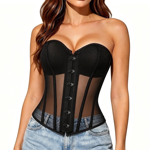 Nfurl Womens Overbust Corsets Elegant Sheer Mesh Boned Corset Tops Bustier Shapewear Vintage Renaissance Bustiers Tops Night Out Party Clubwear Black,M
