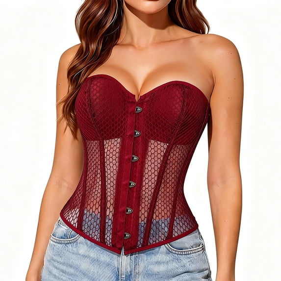 Nfurl Womens Overbust Corsets Elegant Sheer Mesh Boned Corset Tops Bustier Shapewear Vintage Renaissance Bustiers Tops Night Out Party Clubwear Wine,S