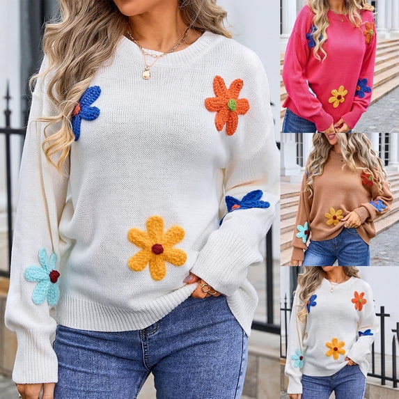 Nfurl Womens Oversized Knit Sweaters Cute Flower Printed Fall Sweater Loose Long Sleeve Crewneck Sweaters Jumper Tops 2025 Ladies Clothes Khaki XL