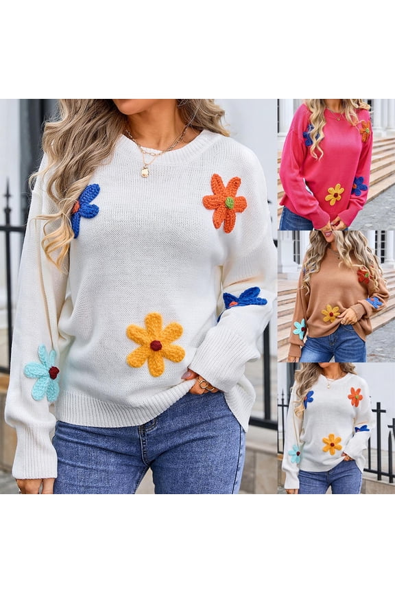 Womens Oversized Knit Sweaters Cute Flower Printed Fall Sweater Loose Long Sleeve Crewneck Sweaters Jumper Tops 2025 Ladies Clothes White XL