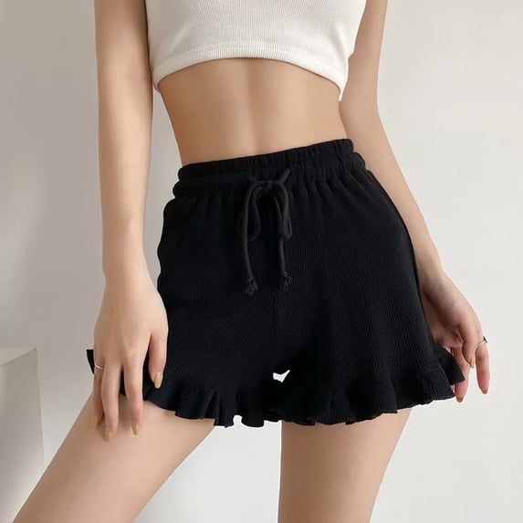 Nfurl Womens Pajama Shorts Comfy Waffle Knit Ruffle Hem Lounge Shorts Soft Sleepwear Pj Bottoms Lightweight Sleep Shorts Black,M