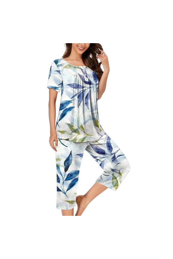 Womens Pajamas Capris Sets 2 Piece Sleep Capris and Short Sleeve Tops Elegant Floral Printed Sleepwear Set Casual Summer Loungewear White,XXL