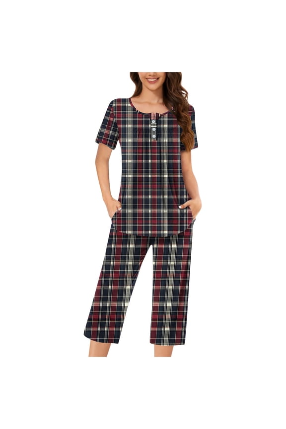 Womens Pajamas Capris Sets 2pc Fitted Petite Short Sleeve Tops and Capris Cute Striped Sleepwear Sets 2 Piece Ladies Loungewear Wine,Size S