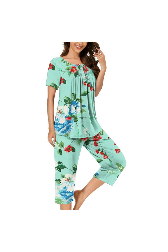 Womens Petite Pajamas Set Vintage Floral Print Pj Sets 2 Piece Sleepwear Cozy Short Sleeve Shirt and Capri Pants Pajama Sets Loose Soft Night Suits