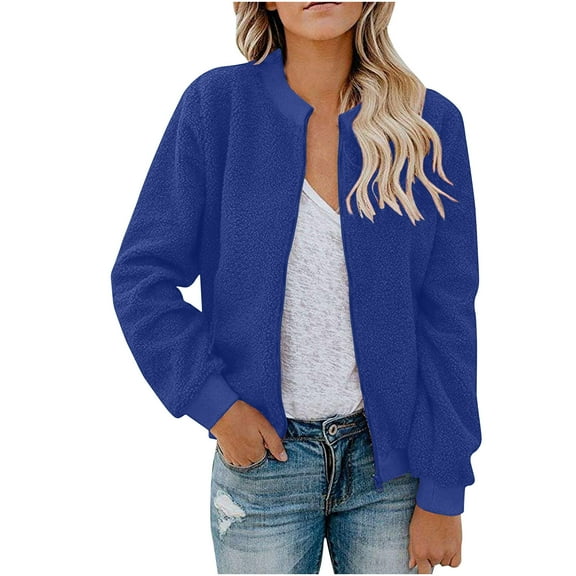 Nfurl Womens Petite Sherpa Jackets Warm Long Sleeve Zip up Fleece Jacket Fitted Solid Color Outerwear Coat Ladies Fall Winter Clothes Blue XXL
