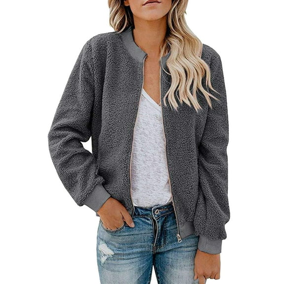 Nfurl Womens Petite Sherpa Jackets Warm Long Sleeve Zip up Fleece Jacket Fitted Solid Color Outerwear Coat Ladies Fall Winter Clothes Gray XL