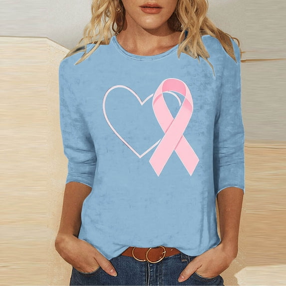 Nfurl Womens Pink Ribbon Breast Cancer Awareness T Shirts Casual Crew Neck 3/4 Sleeve Tshirts Breast Cancer Clothes Light Blue,S