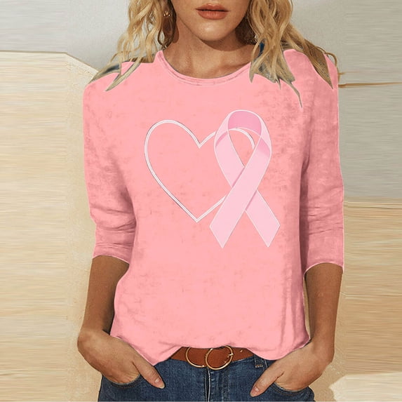 Nfurl Womens Pink Ribbon Breast Cancer Awareness T Shirts Casual Crew Neck 3/4 Sleeve Tshirts Breast Cancer Clothes Pink,M