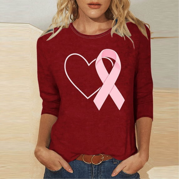 Nfurl Womens Pink Ribbon Breast Cancer Awareness T Shirts Casual Crew Neck 3/4 Sleeve Tshirts Breast Cancer Clothes Wine,S